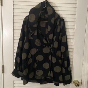 Alembika Black Khaki Green Large Polka Dot Swing Double Breasted Coat Jacket